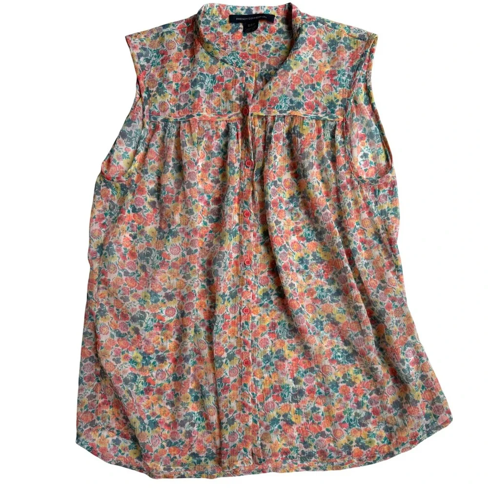 French Connection Women's Floral Sheer Sleeveless Button Front Blouse Multi S 12